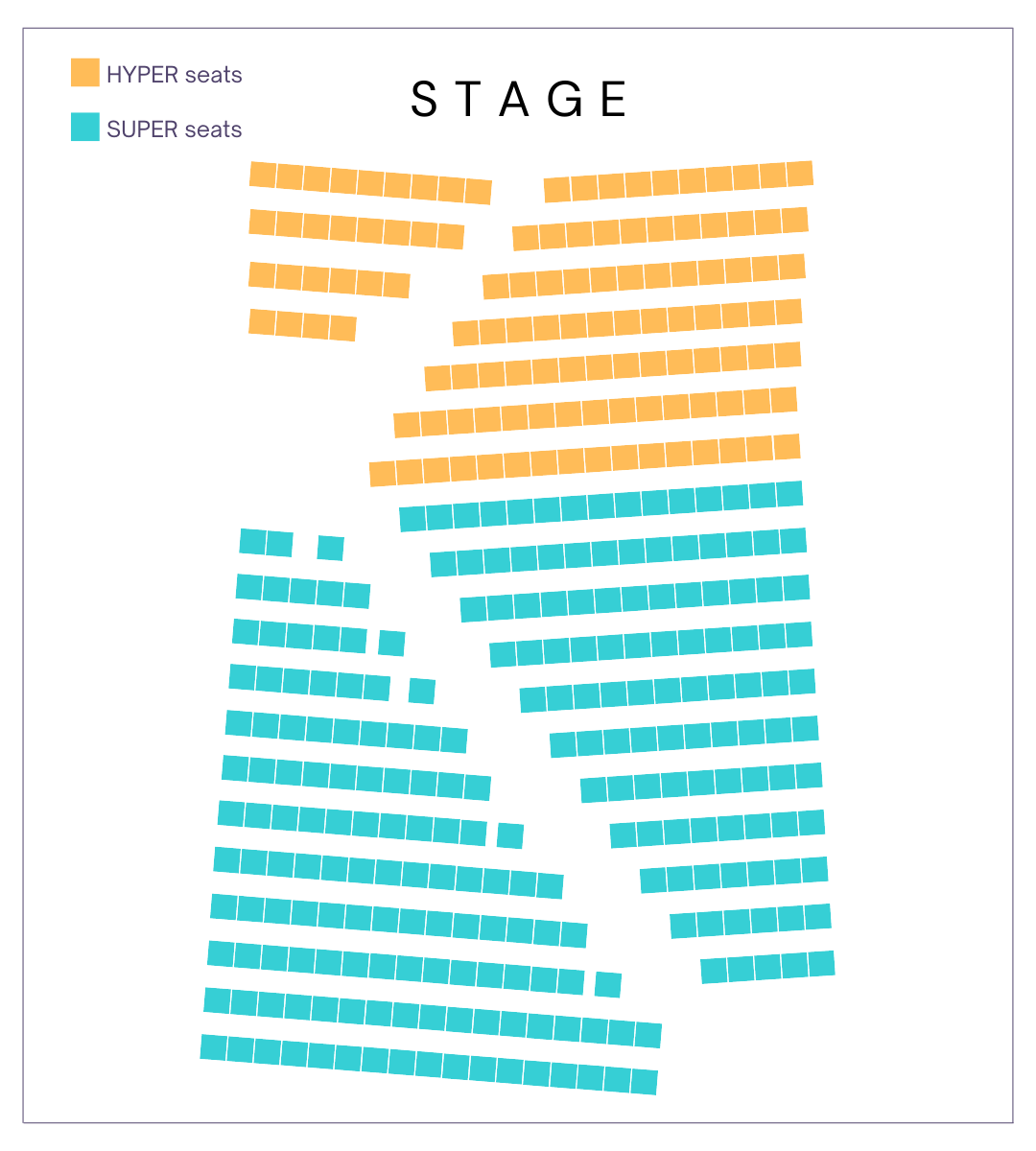 Seating map with the first seven rows highlighted as hyper seats and the following thirteen rows highlighted as super seats